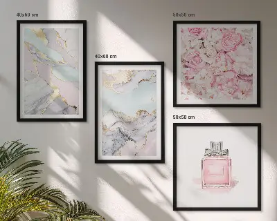 Composição de quadros flores rosa com tons de mármore pastel