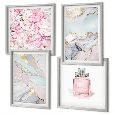 Composição de quadros flores rosa com tons de mármore pastel