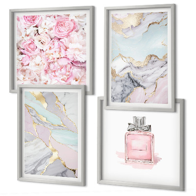 Composição de quadros Flores rosa mármore tons pastel