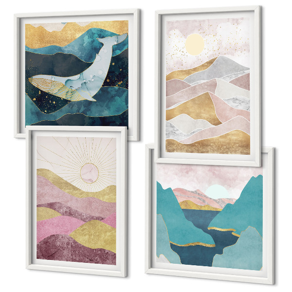 Conjunto de 4 quadros com moldura montanhas abstratas sol