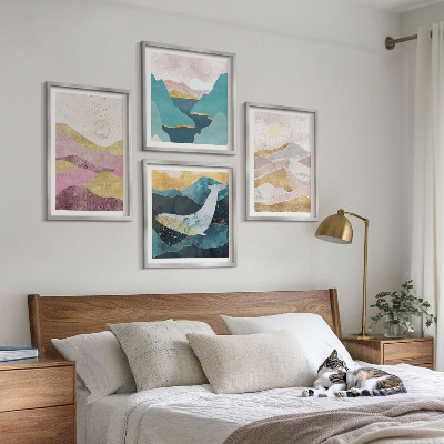 Conjunto de 4 quadros com moldura montanhas abstratas sol
