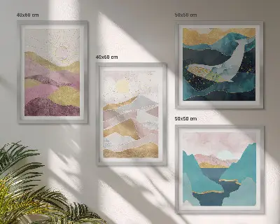 Conjunto de 4 quadros com moldura com estampa de montanhas abstratas e sol