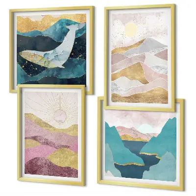 Conjunto de 4 quadros com moldura com estampa de montanhas abstratas e sol