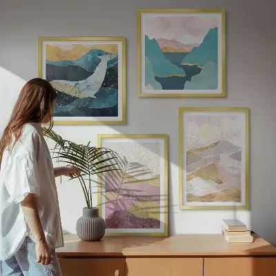 Conjunto de 4 quadros com moldura com estampa de montanhas abstratas e sol