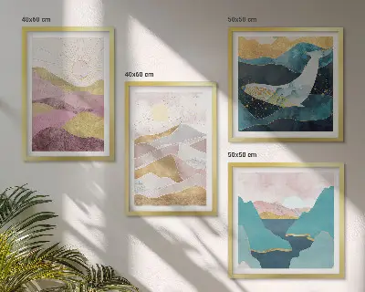 Conjunto de 4 quadros com moldura com estampa de montanhas abstratas e sol