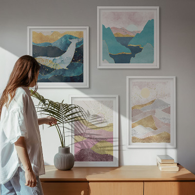 Conjunto de 4 quadros com moldura montanhas abstratas sol