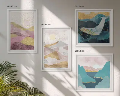 Conjunto de 4 quadros com moldura com estampa de montanhas abstratas e sol