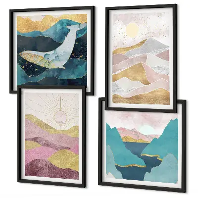 Conjunto de 4 quadros com moldura com estampa de montanhas abstratas e sol