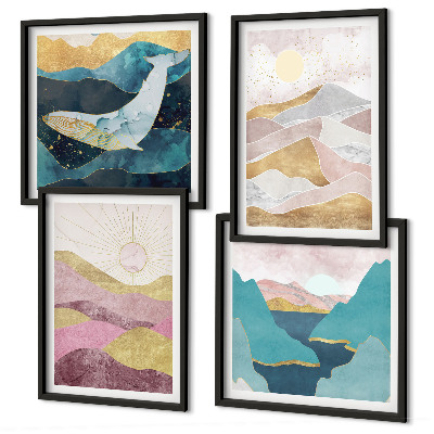 Conjunto de 4 quadros com moldura montanhas abstratas sol