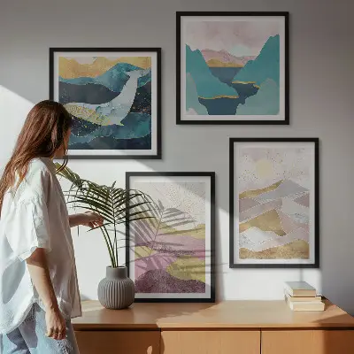 Conjunto de 4 quadros com moldura com estampa de montanhas abstratas e sol