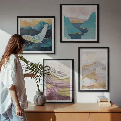 Conjunto de 4 quadros com moldura montanhas abstratas sol