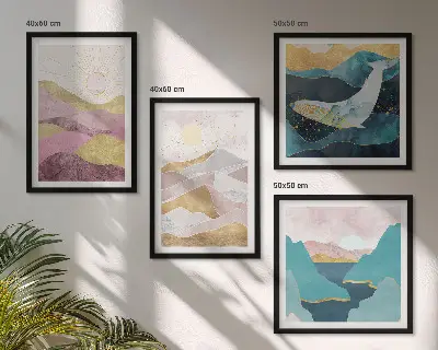 Conjunto de 4 quadros com moldura com estampa de montanhas abstratas e sol