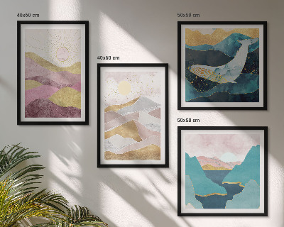 Conjunto de 4 quadros com moldura montanhas abstratas sol
