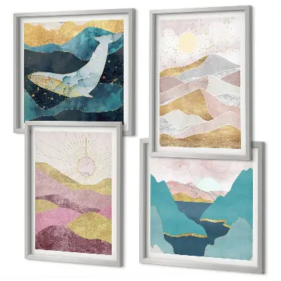 Conjunto de 4 quadros com moldura com estampa de montanhas abstratas e sol