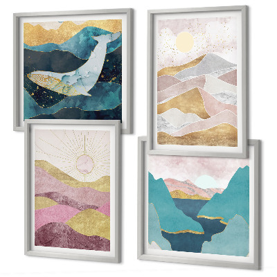 Conjunto de 4 quadros com moldura montanhas abstratas sol