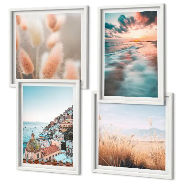 Políptico com moldura casas ao pôr do sol no mar com flores