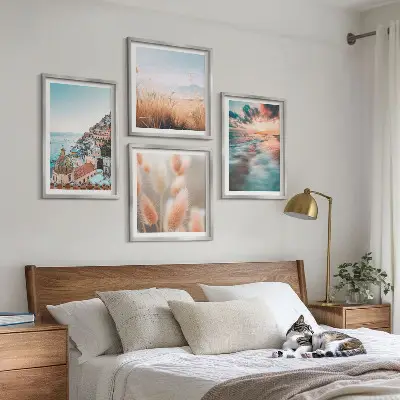 Políptico com moldura casas ao pôr do sol no mar com flores