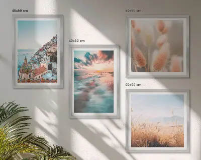 Políptico com moldura casas ao pôr do sol no mar com flores