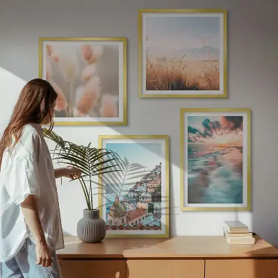 Políptico com moldura casas ao pôr do sol no mar com flores