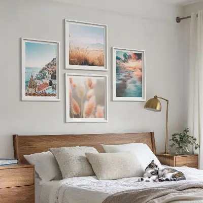 Políptico com moldura casas ao pôr do sol no mar com flores