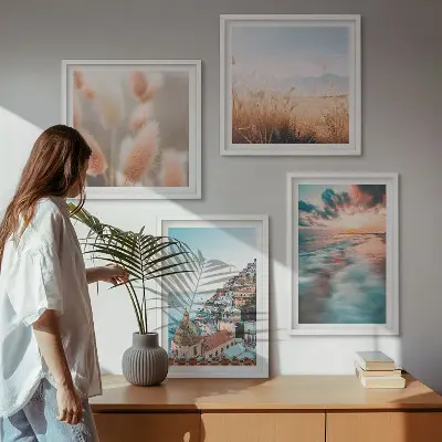 Políptico com moldura casas ao pôr do sol no mar com flores