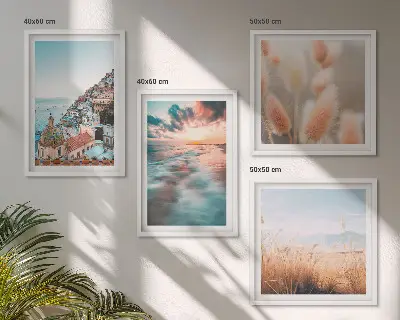Políptico com moldura casas ao pôr do sol no mar com flores