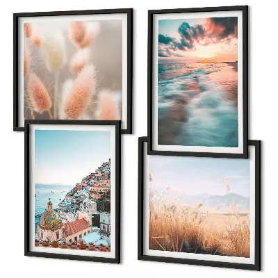 Políptico com moldura casas ao pôr do sol no mar com flores