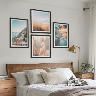 Políptico com moldura casas ao pôr do sol no mar com flores
