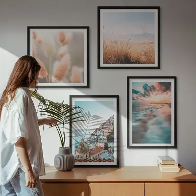 Políptico com moldura casas ao pôr do sol no mar com flores