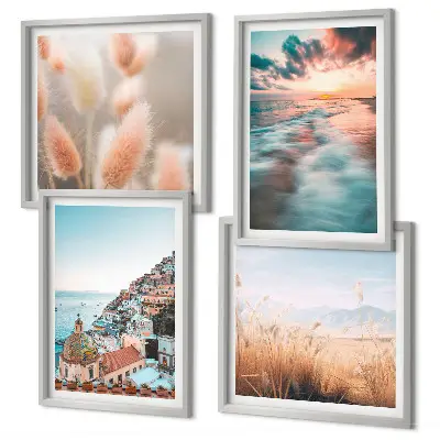 Políptico com moldura casas ao pôr do sol no mar com flores