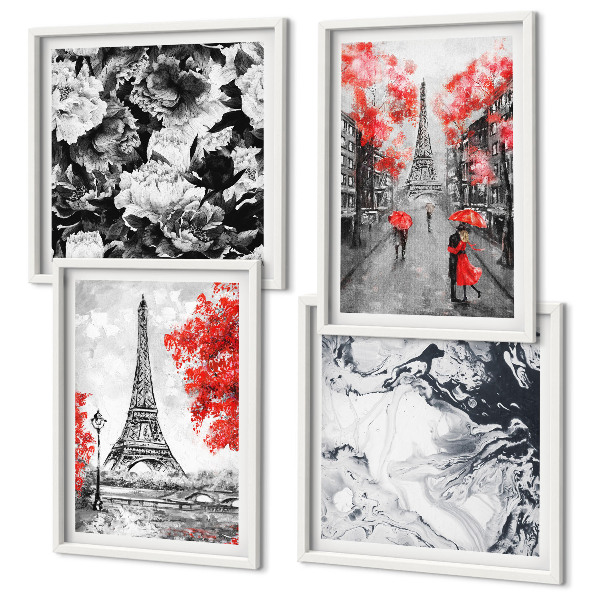 Conjunto de 4 quadros com moldura Pinturas cinzentas da Torre Eiffel