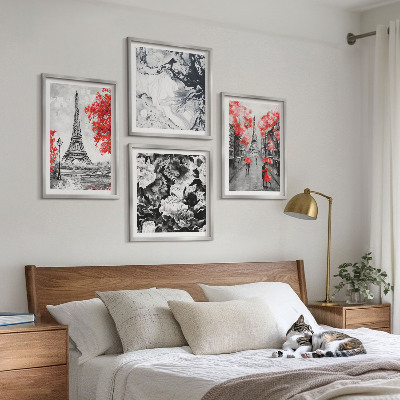 Conjunto de 4 quadros com moldura Pinturas cinzentas da Torre Eiffel