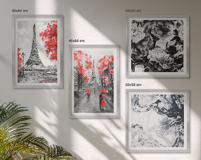 Conjunto de 4 quadros com moldura Pinturas cinzentas da Torre Eiffel