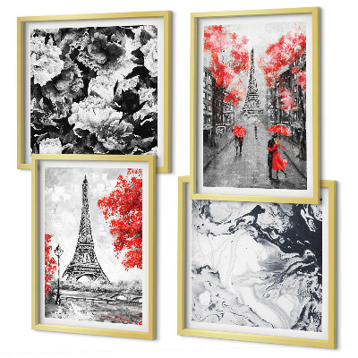 Conjunto de 4 quadros com moldura Pinturas cinzentas da Torre Eiffel
