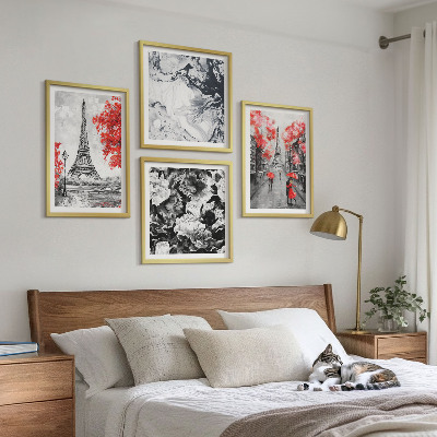 Conjunto de 4 quadros com moldura Pinturas cinzentas da Torre Eiffel