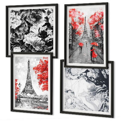 Conjunto de 4 quadros com moldura Pinturas cinzentas da Torre Eiffel