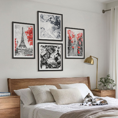 Conjunto de 4 quadros com moldura Pinturas cinzentas da Torre Eiffel