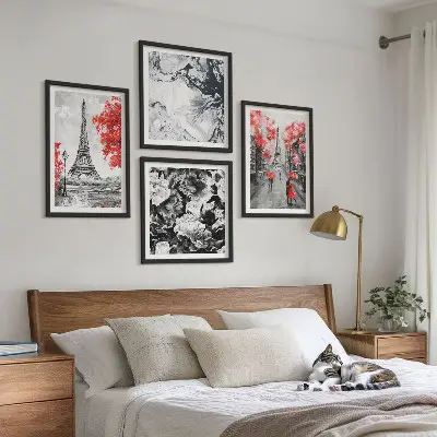 Conjunto de 4 quadros com moldura pinturas da Torre Eiffel em tons de cinzento