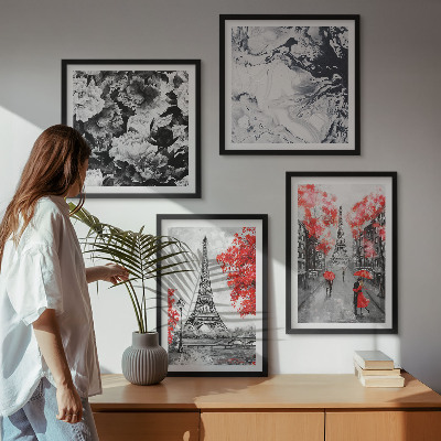 Conjunto de 4 quadros com moldura Pinturas cinzentas da Torre Eiffel