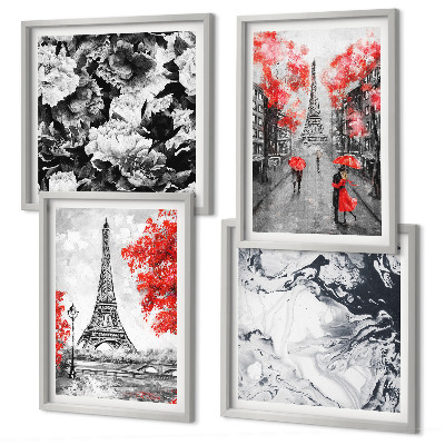 Conjunto de 4 quadros com moldura Pinturas cinzentas da Torre Eiffel