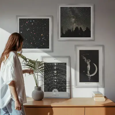 Conjunto de 4 quadros com moldura estampa de galáxia do sistema solar