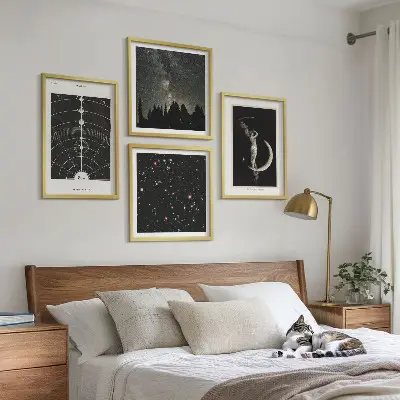 Conjunto de 4 quadros com moldura estampa de galáxia do sistema solar
