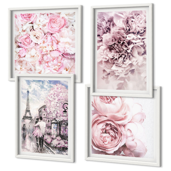 Políptico com moldura Flores rosa paisagem romântica
