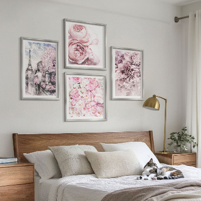 Políptico com moldura Flores rosa paisagem romântica