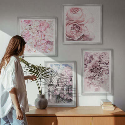 Políptico com moldura Flores rosa paisagem romântica