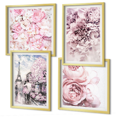 Políptico com moldura Flores rosa paisagem romântica