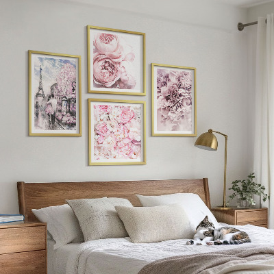 Políptico com moldura Flores rosa paisagem romântica