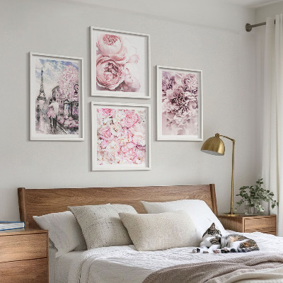 Políptico com moldura Flores rosa paisagem romântica