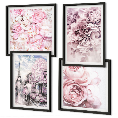 Políptico com moldura Flores rosa paisagem romântica