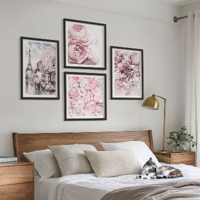 Políptico com moldura Flores rosa paisagem romântica